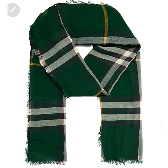 NWT$490 BURBERRY Giant Check Logo Pattern Fringed Trim Green Wool Twill Scarf - Picture 15 of 16
